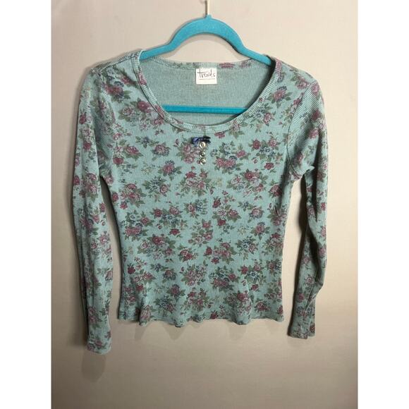 Floral Trends Top Blue Coquette Fairy Buttons Bow Whimsy Cottage Y2K Sz M - Picture 13 of 14